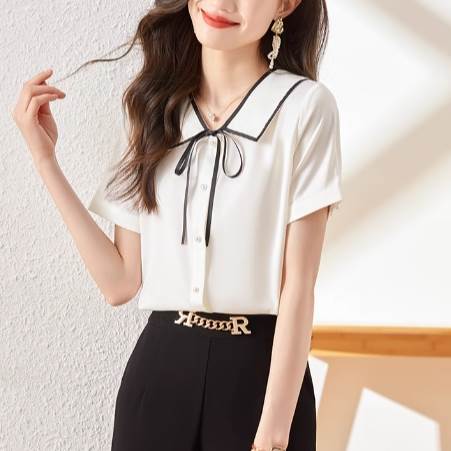 【FunnyBunny】 レディース トップス シャツ ブラウス 半袖 パフスリーブ 10代 授業参観 主役級 都会的 大人可愛い おしゃれ 上品 春 リボン 会議 大会 かっこいい MTG シンプル きれいめ カジュアル こなれ感 夏 ミーティング ボウタイ｜Funny Bunny