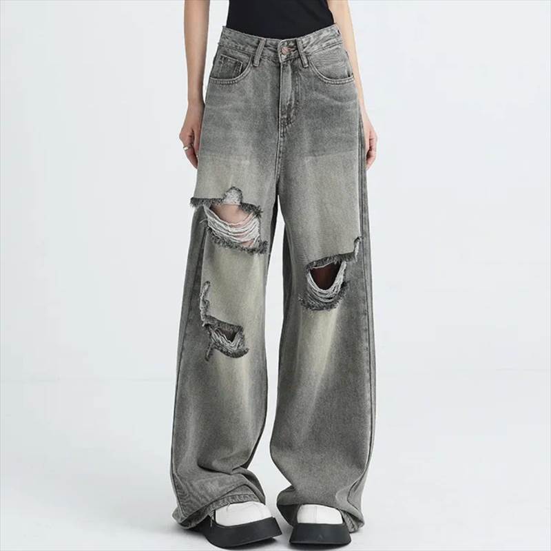 【FunnyBunny】 レディース パンツ ボトムス デニム ジーンズ Gパン ウォッシュ ボタン ヴィンテージ デニムパンツ ファスナー ストリート アメカジ ロングパンツ カジュアル ポケット ワイド ロング ストレート ハイウエスト ダメージ ワイドパンツ