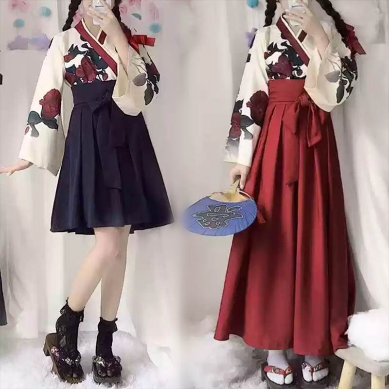 レディース スカート トップス セットアップ 着物 タックスカート フレアスカート 膝上 ロング マキシ 長袖 カシュクール Aライン 裾ワイド セパレート リボン ハイウエスト 異国風 かわいい おしゃれ レトロ アジアン ガーリー|Funny Bunny