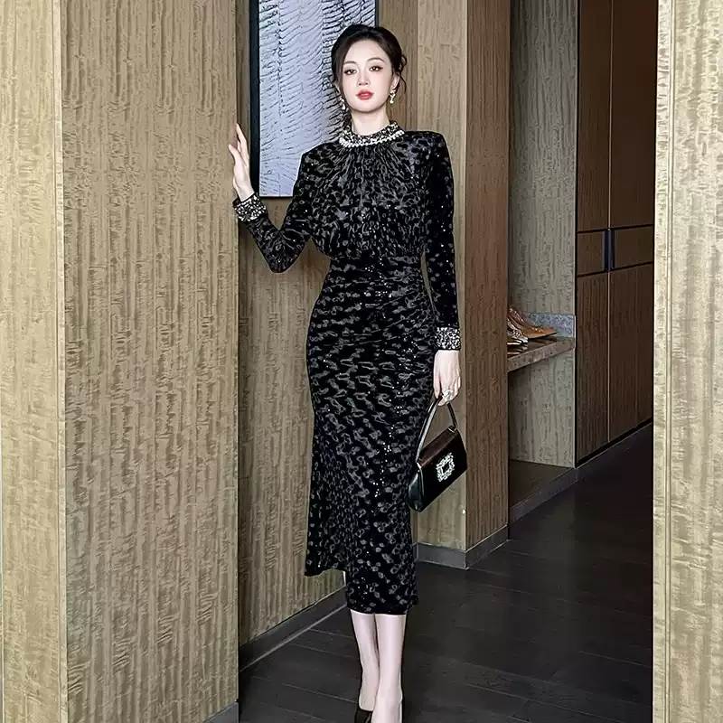 レディース 衣装 お召しもの ミモレ ロング 長袖 ハイネック ボトルネック きつい か細い 細身 人魚 スレンダー アワーグラスライン スパンコール 天鵞絨 天鵝絨 ビーズ パール 成年者好いたらしい 好いたらしいめ 分かりやすい 雅びやか