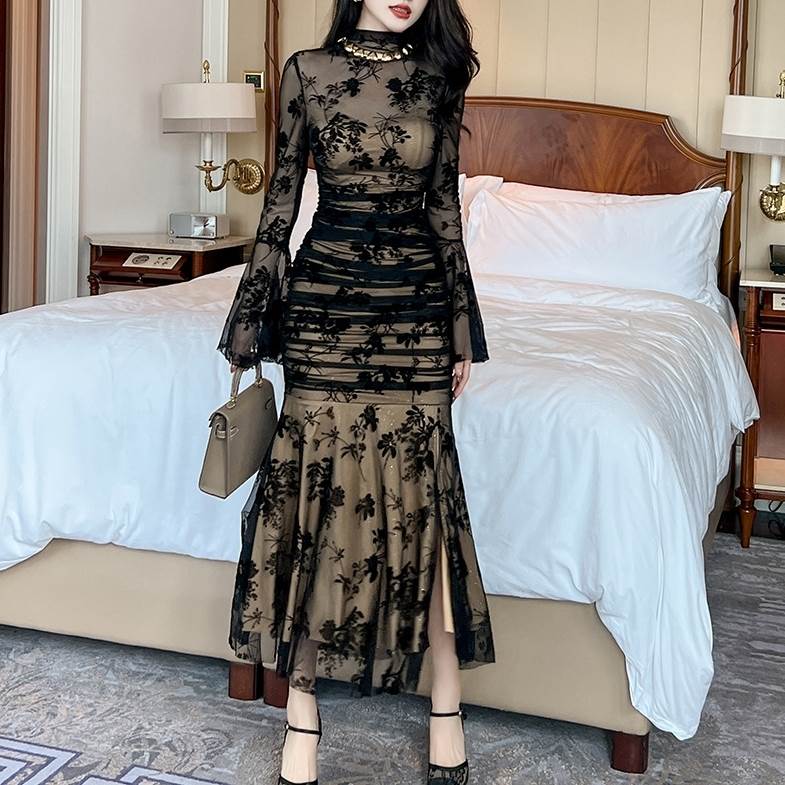 レディース 衣装 夕まぐれお召しもの お召しもの ロング 長袖 太陽フレア捩り 萌袖 ハイネック モックネック きつい か細い 細身 人魚 ドレープ 女子らしい ボディコンシャス スレンダー アワーグラスライン チュール 透け感