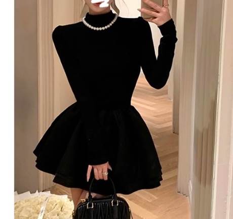 レディース ワンピース ドレス ミニ 長袖 パワーショルダー ハイネック ボトルネック 切り替え バルーン Xライン フィット＆フレア プリーツ タック タックプリーツ ウエストマーク ふっくら ハイウエスト 切り替えデザイン かわいい