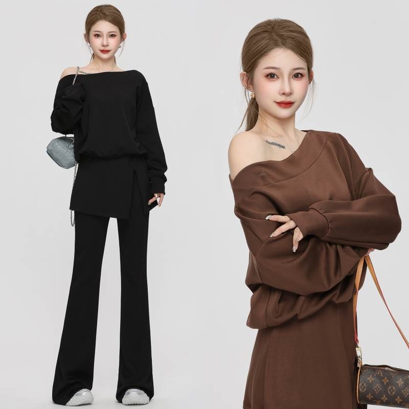 レディース トップス ボトムス セットアップ ツーピース フレアパンツ ブーツカット ベルボトム フルレングス 長袖 ドロップショルダー ワンショルダー スリム 細身 ドレープ スレンダー サイドスリット ハイウエスト コンサバ ルーズ|Funny Bunny