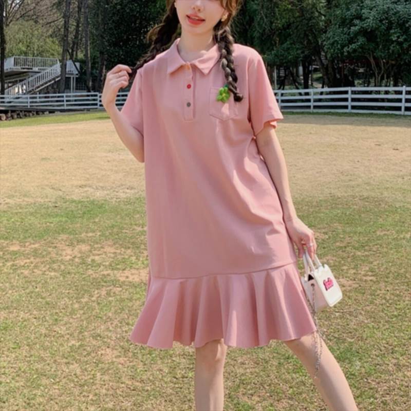 レディース ワンピース ミニ丈 半袖 ポロ襟 フリル裾 Aライン ゆったり 体型カバー カジュアル フェミニン キュート ガーリー おしゃれ 大人可愛い シンプル 夏 春 秋 普段着 デート お出かけ 学生 10代 20代 旅行 韓国風｜Funny Bunny