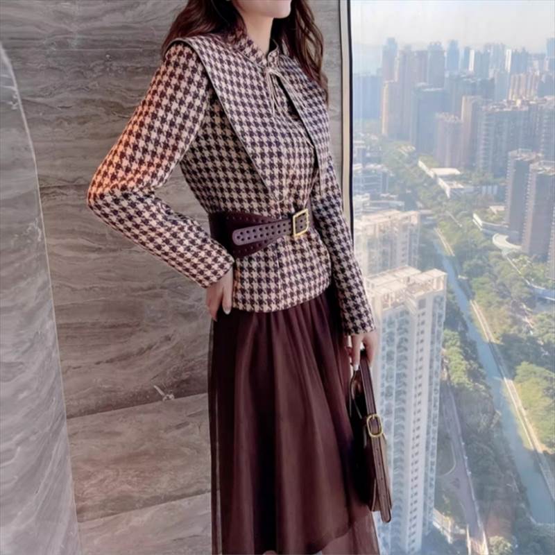 レディース スカート トップス セットアップ ツーピース チュールスカート フレアスカート ミモレ ロング 長袖 スタンドカラー フェミニン リボン ウエストマーク ハイウエスト シースルー コンサバ バイカラー シアー ベルト付き