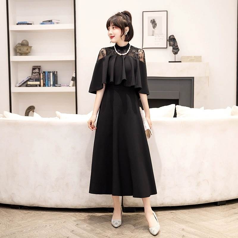 レディース ドレス ウェディング パーティー 結婚式 披露宴 演奏会 フォーマル 謝恩会 ロング 5分袖 ポンチョスリーブ ハイネック ボトルネック フレア Aライン イブニング カジュアル 刺繍 切り替えデザイン ハイウエスト シースルー