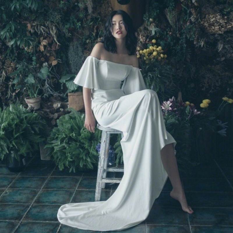 レディース ドレス ワンピース ウェディング 結婚式 ステージ 舞台 衣装 演劇 ロング マキシ 半袖 フレアスリーブ オフショル トレーン Aライン イブニング 可愛い きれいめ シンプル 大人可愛い 上品 おしゃれ かっこいい