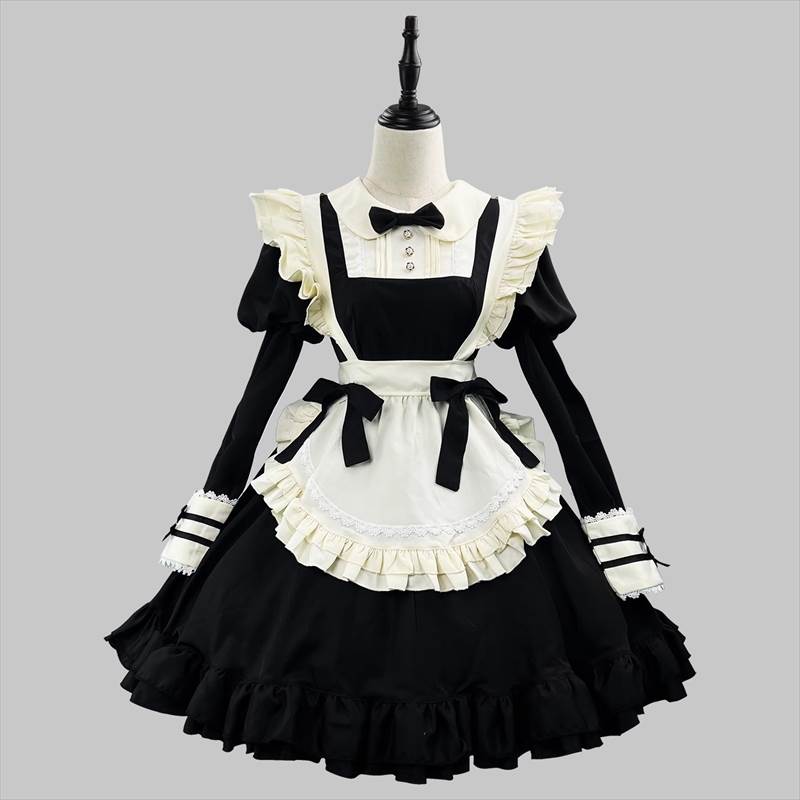メイド服 レディース ワンピース ショート 膝上 長袖 襟付き 丸襟 Aライン フリル リボン かわいい おしゃれ こなれ感 個性的 クール ラブリー キュート ゴシック ロリータ セクシー 可愛い 無地 春 夏 秋 冬 オールシーズン