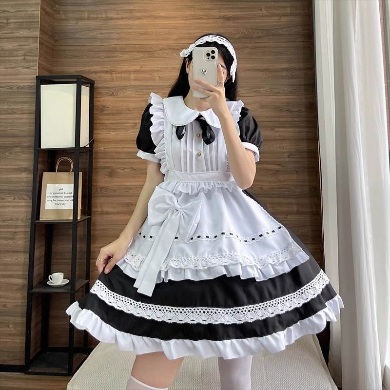 イベント衣装 メイド服 レディース ワンピース セットアップ ショート 半袖 丸襟 フレア Aライン フリル リボン かわいい おしゃれ こなれ感 クール 主役級 存在感 ラブリー キュート ゴシック ロリータ セクシー 色気 華やか 無地|Funny Bunny