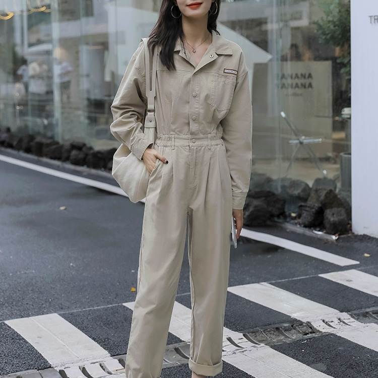 【FunnyBunny】 オールインワン レディース 抜け感 ワイド お洒落 きれいめ ジャンプスーツ ロング丈 襟付き 長袖 無地 ハイウエスト ラフ 主役級 ガーリー 春 マニッシュ ポケット 大人可愛い 上品 袖あり こなれ感 シンプル｜Funny Bunny