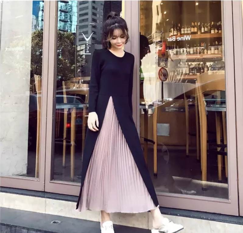 【FunnyBunny】 ワンピース ワンピドレス 個性的 タイト 大人女子 シンプル ロング丈 主役級 長袖 スリム 丸襟 クール プリーツ モダン ラブリー ルーズ ガーリー エレガント キュート 細身 きれいめ お洒落 襟なし