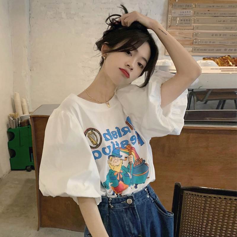 【FunnyBunny】 トップス ママ かわいい 春 主役級 Tシャツ お出かけ 袖あり ラウンドネック ボリューム袖 学生 カジュアル デート 20代 女性用 レディース 通学 30代 大人可愛い ガーリー キャラクター 半袖 10代