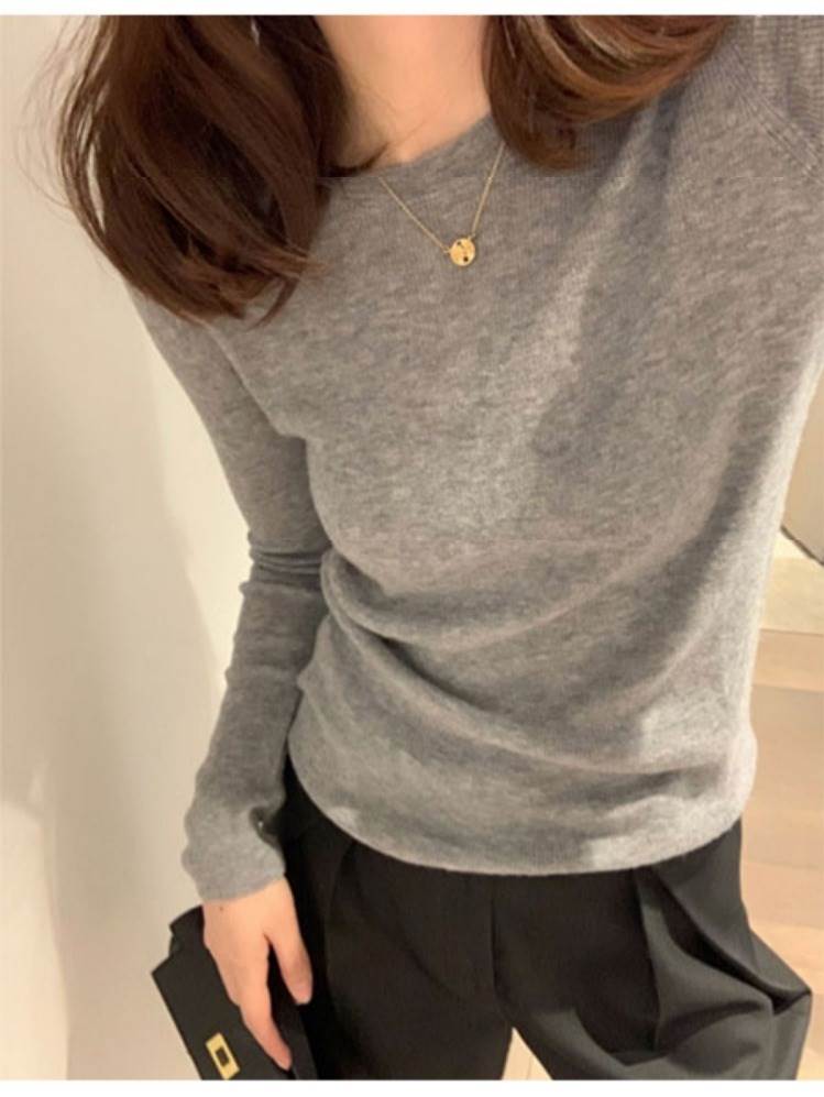 【FunnyBunny】 トップス カットソー エレガント スリム おしゃれ 大人可愛い ニット ラウンドネック タイト 襟なし 抜け感 伸縮性 マニッシュ モード系 クール ガーリー 細身 かわいい 上品 クルーネック こなれ感 きれいめ シンプル
