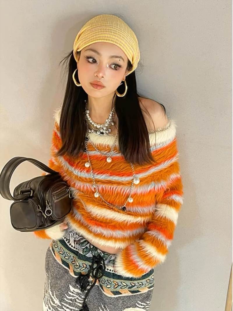 レディース トップス ニット セーター カラフル ミニ 長袖 オフショルダー ふわふわ かわいい 大人可愛い カジュアル おしゃれ アジアン クール 秋 冬 デート お出かけ アウトドア パーティー イベント 女子会 休日 ショッピング