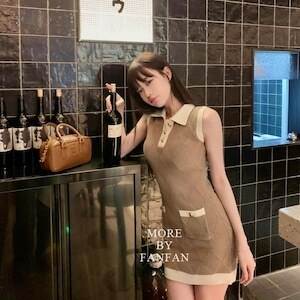 セクシー ひし形柄 ひし形デザイン レディース ワンピース ミニ ノースリーブ ヘンリーネック 角襟 タイト スリム 細身 フェミニン ポケット リブ ボタン バイカラー 配色 ニット かわいい 大人可愛い きれいめ シンプル カジュアル