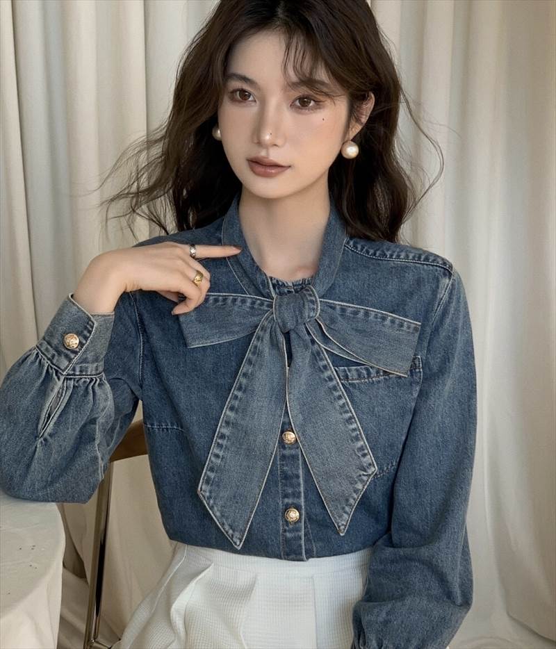 レディース シャツ デニム 長袖 リボン ボタン ブルーデニム かわいい 大人可愛い きれいめ カジュアル おしゃれ レトロ こなれ感 無地 春 秋 冬 デート お出かけ 女子会 休日 ショッピング 普段使い モテ 清楚 トレンド S M