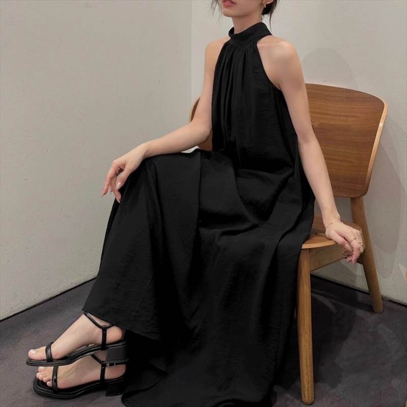 レディース ワンピース ロング丈 袖なし ノースリーブ ホルダーネック コンサバ 大人可愛い きれいめ シンプル 上品 おしゃれ かっこいい エキゾチック こなれ感 クール エレガント モダン 抜け感 キュート 都会的 ベーシック