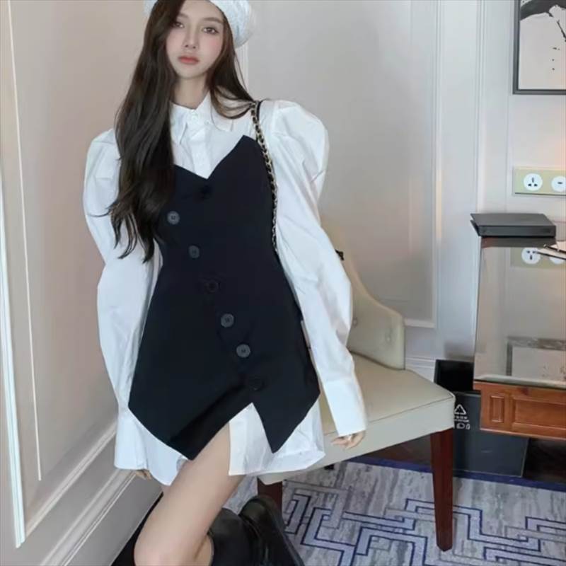 2点セット トップス シャツ 長袖 ベスト 袖なし ミディアム丈 かわいい 大人可愛い きれいめ シンプル カジュアル 大人 上品 おしゃれ かっこいい レトロ クール モード系 大人女子 こなれ感 個性的 主役級 存在感 キュート|Funny Bunny