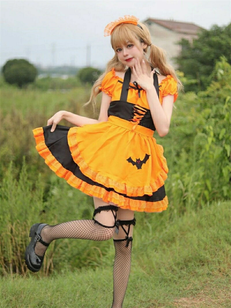 メイド服 コスプレ 4点セット (ホルタードレス＋ビスチェ＋エプロン＋ヘッドピース) コウモリ吸血鬼 メイド服 衣装 仮装 女装 フリル ロリータ かわいい レディース コスチューム カフェ イベント ハロウィン メイド 定番 フルセット こすぷれ