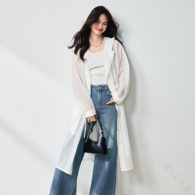 パーカー レディース UVとり捨てる UPF30+ 軽さ 薄っぺら 春夏 ゆったり ボンネット付き添い人 ロング丈 シアー 透け感 うつり変わり トレンチコート風 心地よい 羽織り アウター 雅びやか 御前上等感 白いこと 白 春 夏