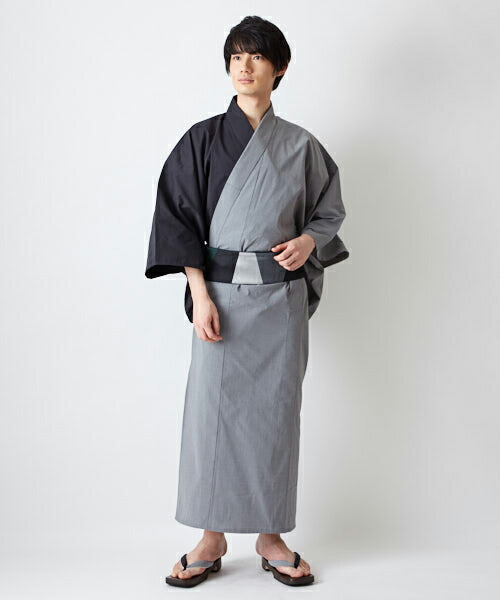 黒とグレーを組み合わせた片身合わせふりふメンズ浴衣 単品 浴衣 単品 メンズ片身無地 ふりふオリジナル メンズ浴衣 男性ゆかた 紳士 ゆかた ユカタ 浴衣 無地 夏 レトロ モダン ポップ 片身合わせ 黒 グレー お洒落 洗える浴衣 ポリコットン シャツ生地 ｍサイズ L