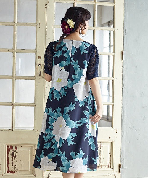 レーススリーブワンピース総柄 レンタル袴 和柄ワンピース 和風 レディース 和柄 ワンピース 和風 レトロ ワンピース ワンピ ロングワンピ ひざ下 ミディ丈 春夏 半袖 ドレス 花柄 猫 牡丹 大人女子 上品 フェミニン カジュアル モダン Furifu ふりふ 店 送料無料