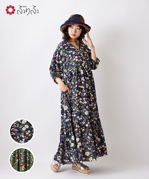 Furifu 春夏 おうち服 春夏 ハトの庭オリジナルプリントを贅沢に使用したロングワンピース プレゼント 店 ワンピース 大人女子 レディース 花柄 ボリューム ハトの庭 和柄 おうちコーデ ロングワンピース ギフト Sale70 レトロ ロングワンピースふりふオリジナル