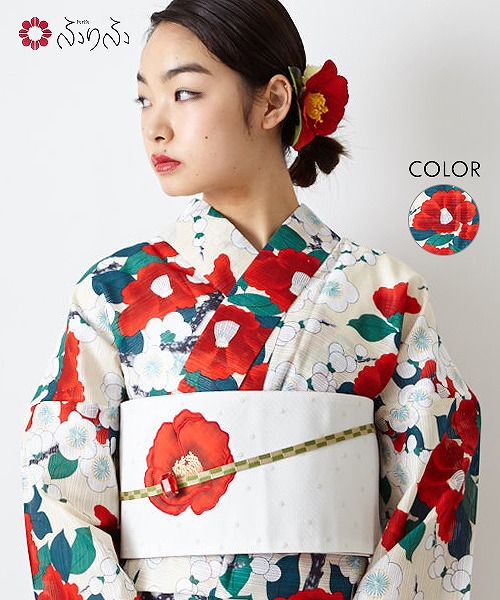 特売 楽天市場 浴衣 岡重 梅椿 浴衣 単品 ふりふセレクト 京都 岡重 日本製 綿 コットン 綿絽 ゆかた レディース 女性 和柄 和風 花柄 古典柄 梅 椿 レトロ モダン お洒落 涼しげ 大人 大正ロマン ふりふ 代 30代 40代 大人 粋