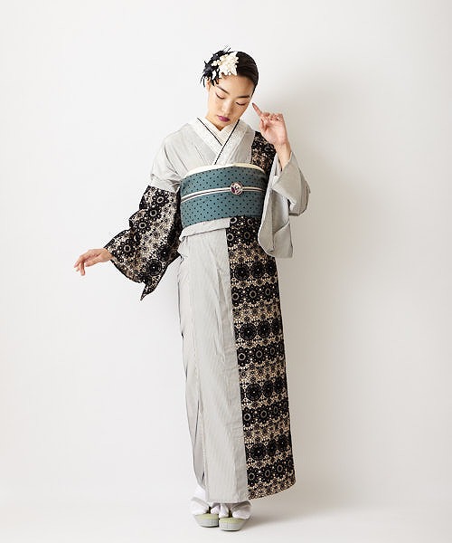 即日出荷 小紋 花縞フロッキーパッチワーク ふりふオリジナル レディース 小紋 単衣 きもの Kimono 和柄 和風 パッチワーク レース フロッキー 結婚式 入学式 卒業式 パーティー ２次会 仕立て上がり プレタ フリーサイズ レトロ モダン 大正ロマン 正規激安 Caronova