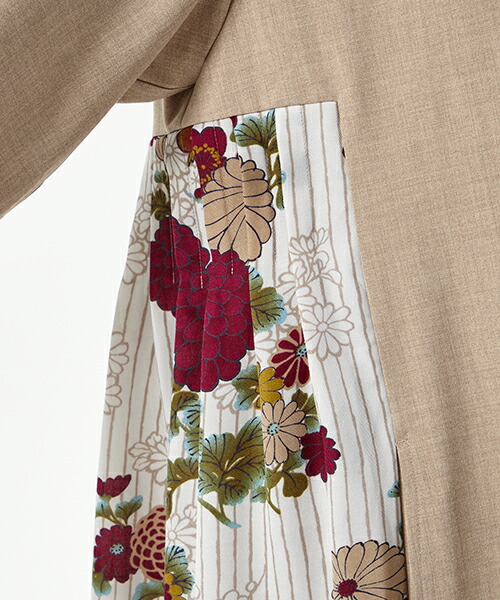 レディース パパゲーノサイド切り替えワンピースふりふ 和 サイドにオリジナルの和柄を使用したワンピース ロングワンピ 代 ワンピ ロング丈 和柄 春夏 菊 七分袖 ワンピース 半袖 五分袖 秋冬 レトロ モダン 鳥 菊 丸菊 Japan 和 日本 代 30代 40代 フェミニン