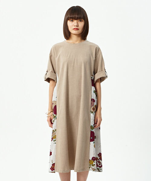 レディース パパゲーノサイド切り替えワンピースふりふ 和 サイドにオリジナルの和柄を使用したワンピース ロングワンピ 代 ワンピ ロング丈 和柄 春夏 菊 七分袖 ワンピース 半袖 五分袖 秋冬 レトロ モダン 鳥 菊 丸菊 Japan 和 日本 代 30代 40代 フェミニン