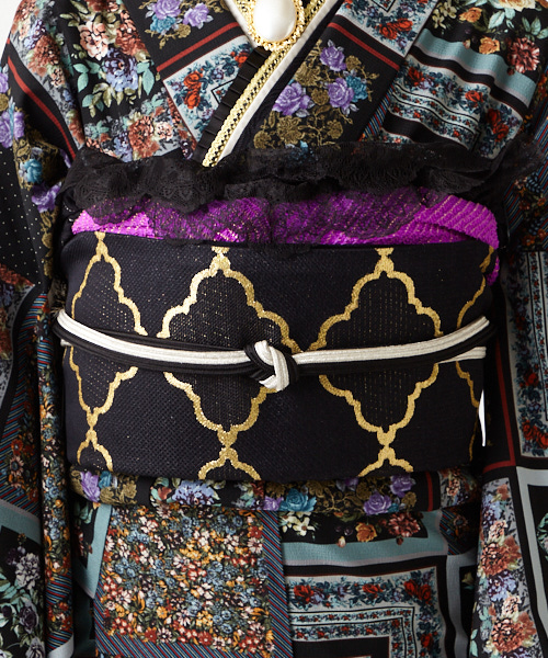 プチギフト 振袖用 袋帯 金糸に紫の刺繍が個性的。オシャレな方に