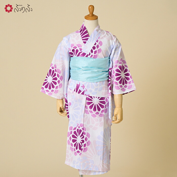 【セール30%オフ】キッズ浴衣セット 「 きく 」 公式 ふりふ 公式 ふりふ ゆかた 浴衣 キッズ 女の子 和風 レトロ モダン 可愛い 花火大会 涼しい サイズ 100 110 120 130 cm 子供 保育園 幼稚園 簡単 着付け 菊 花 夏 兵児帯 へこ帯 帯 セット