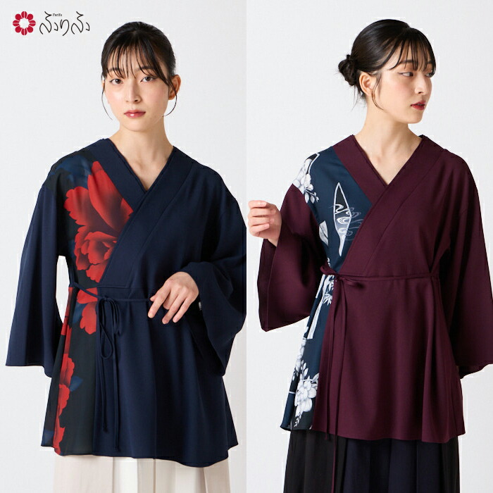 【セール20%オフ】キャロル・妖 カシュクール切り替えチュニック 公式 ふりふ カジュアル ブラウス トップス チュニック 着物風 ブラック ボルドー 赤 えんじ 黒 シンプル 和風 和柄 洋服