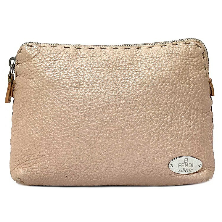 フェンディ ポーチ シャンパン ピンク セレリア 小物入れ レザー 中古 Fendi 化粧ポーチ ファスナー ミニ 定番 人気 レディース ブランド小物 女性 小物 メイクポーチ コスメポーチ レザーポーチ 本革 無地 ワンポイント ロゴ プレート ステッチ 本物 鑑定済み 珍しい