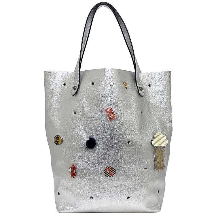【楽天市場】【送料無料】 バゴロ トートバッグ メタリック シルバー バッジ ピンズ スタッズ レザー 中古 BAGOLO ビッグ トート ...