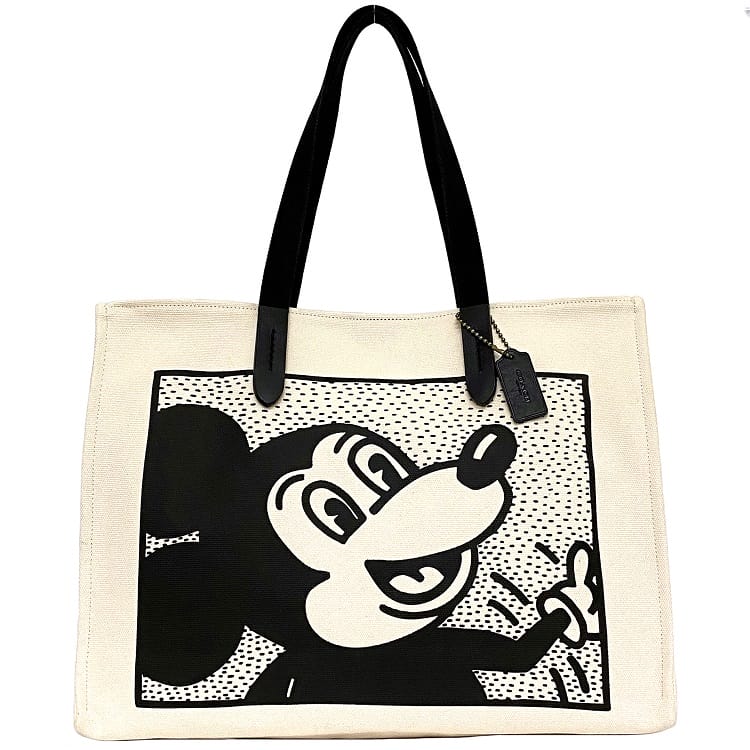 【送料無料】 コーチ トートバッグ ナチュラルベージュ ブラック 5226 美品 ミッキー キースへリング コラボ キャンバス レザー 中古 COACH ロゴ プリント チャーム付 軽い 肩掛け a4 書類 黒 コラボレーション ビッグ お洒落 高級感 カジュアル ブランド 本物 鑑定済み