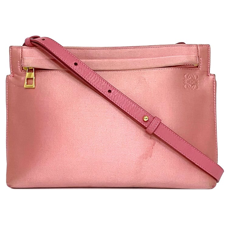 【送料無料】 ロエベ Ｔポーチ ショルダーバッグ ピンク アナグラム 斜め掛け 2way サテン レザー 中古 LOEWE 斜め掛け ファスナー ワンポイント 定番 人気 女性 レディース ロゴ 革 シンプル お洒落 ゴールド金具 エレガント コンパクト 小さめ 上品 ブランド 本物 鑑定済み