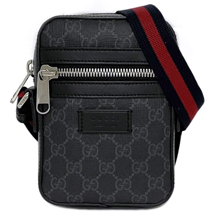 【送料無料】 グッチ ショルダーバッグ グレー ブラック ＧＧスプリーム 598103 f-19989 美品 PVC レザー 中古 GUCCI ミニバッグ GG ファスナー ポシェット 斜め掛け シェリー 人気 黒 コンパクト 高級感 カジュアル 男女兼用 男性 女性 普段使い ブランド 本物 鑑定済み