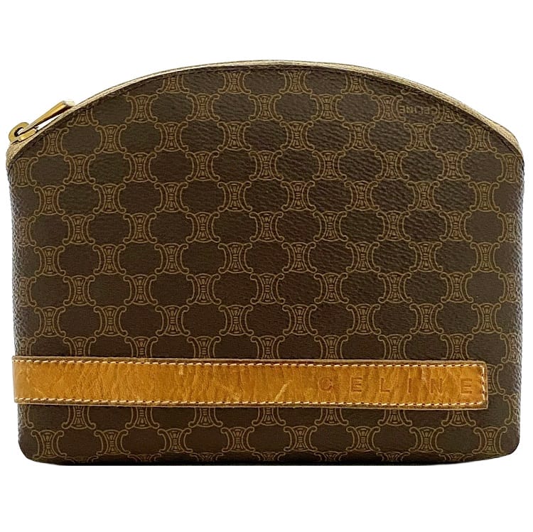 【送料無料】 セリーヌ ポーチ ブラウン マカダム ec-20272 小物入れ PVC レザー 中古 M/00/2 CELINE ファスナー 総柄 ヴィンテージ ロゴ 定番 人気 女性 レディース コンパクト ミニ 革 小さめ 小物 茶色 シンプル お洒落 レトロ エレガント 高級感 ブランド 本物 鑑定済み