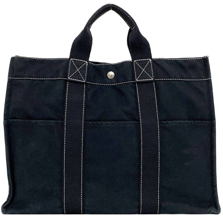 【送料無料】 エルメス ドーヴィル トート ＭＭ ネイビー ブラック ec-20554 美品 トートバッグ キャンバス 中古 HERMES 軽い 書類 a4 シンプル 定番 人気 メンズ レディース 紺色 黒 男性 お洒落 カジュアル 通勤 通学 ビジネス 仕事 高級感 上品 ブランド 本物 鑑定済み