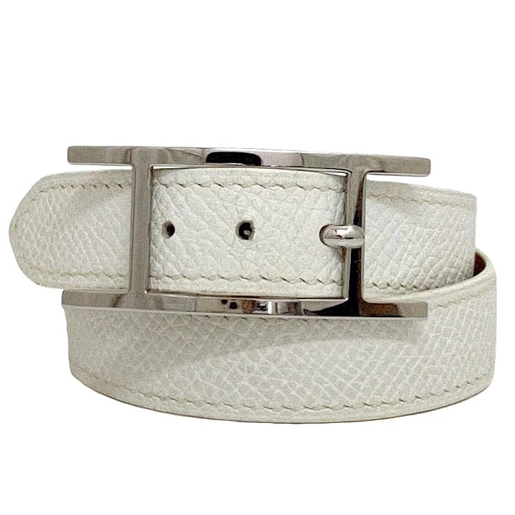 【送料無料】 エルメス ブレスレット ビーアピ ホワイト 美品 ブレス レザー トゴ 中古 □Ｋ 刻印 HERMES 革 シンプル シルバー金具 アクセサリー ヴィンテージ 定番 人気 女性 レディース 革 お洒落 カジュアル エレガント 白 ブレス 高級感 上品 ブランド 本物 鑑定済み