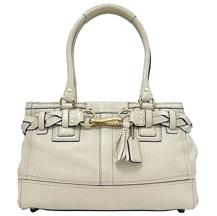 【送料無料】 コーチ ハンドバッグ ec-23523 ホワイト 10528 タッセル レザー 中古 COACH チャーム付 シンプル 定番 人気 女性 レディース 鞄 バッグ 白色 白 革 お洒落 エレガント 通勤 通学 仕事 ビジネス チャーム 無地 ゴールド金具 高級感 上品 ブランド 本物 鑑定済み