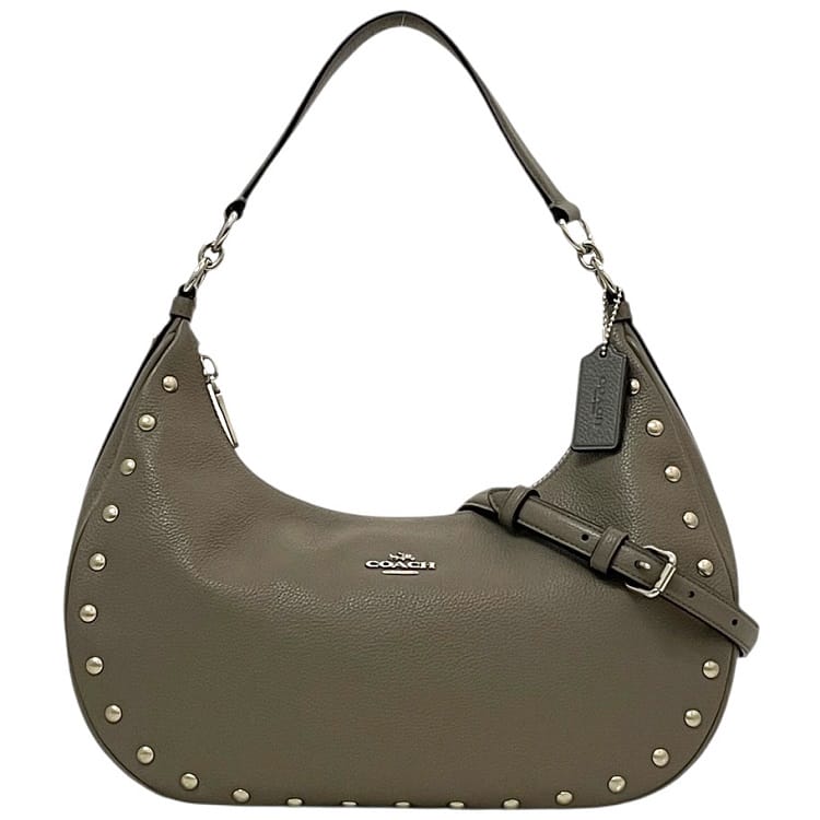 【送料無料】 コーチ ２way バッグ ec-23985 グレー リベット F22548 美品 レザー 中古 COACH 肩掛け 舟形 クロスボディ ファスナー 人気 定番 お洒落 上品 シンプル エレガント 灰色 ユニセックス レディース メンズ 男女兼用 通勤 通学 カジュアル ブランド 本物 鑑定済み