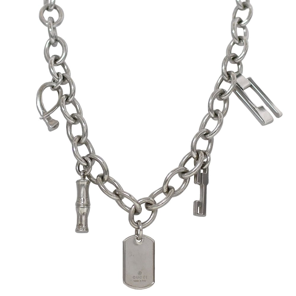 【送料無料】 グッチ ネックレス 5チャーム ec-24298 シルバー 新品仕上げ済み 美品 Ag 925 Sランク GUCCI チェーン プレート バンブー Ｇ アクセサリー 銀 メンズ レディース 5ピース ジュエリー チェーンネックレス 鎖 ロゴチャーム 定番 人気 ブランド 本物 鑑定済み 49,800円