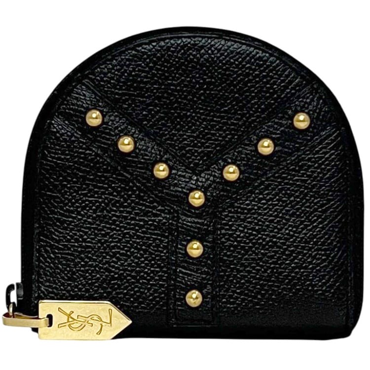 【送料無料】 イヴサンローラン コインケース ec-24317 ブラック 小銭入れ 美品 レザー スタッズ 中古 YVES SAINT LAURENT ファスナー Ｙ 黒 定番 人気 ヴィンテージ メンズ レディース 男女兼用 シンプル コンパクト ミニ財布 財布 グレインレザー ブランド 本物 鑑定済み