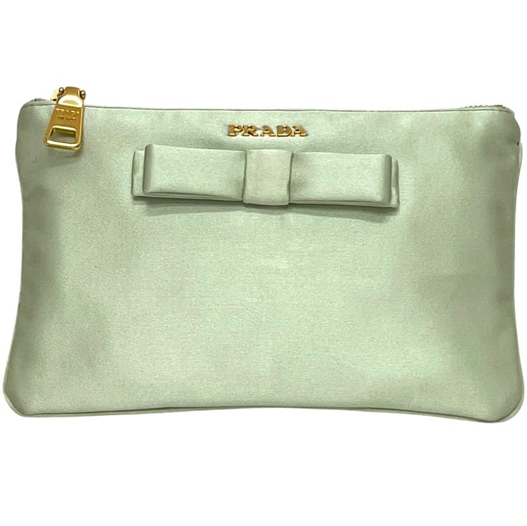 【送料無料】 プラダ ポーチ ec-24593 ライトグリーン 美品 サテン 中古 210 PRADA リボン ファスナー ロゴ 金具 小物入れ 箱付き 黄緑 レディース 女性 ミニポーチ ロゴ金具 ゴールド金具 ヴィンテージ 軽い シンプル 定番 人気 リボンモチーフ ブランド 本物 鑑定済み|フリマハイクラス店