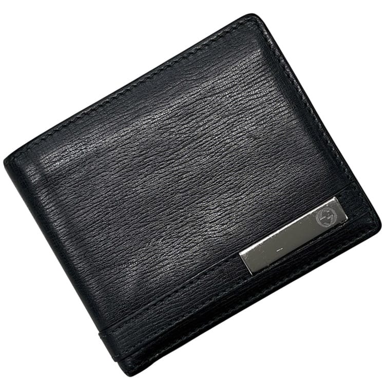 【送料無料】 グッチ 二つ折り 財布 ec-25042 ブラック 255852 折り財布 レザー 中古 0416 GUCCI GG ワンポイント ロゴ コンパクト 小銭入れ有 黒 ヴィンテージ メンズ レディース 定番 人気 男女兼用 折り財布 シルバー金具 シンプル 革財布 ブランド 本物 鑑定済み
