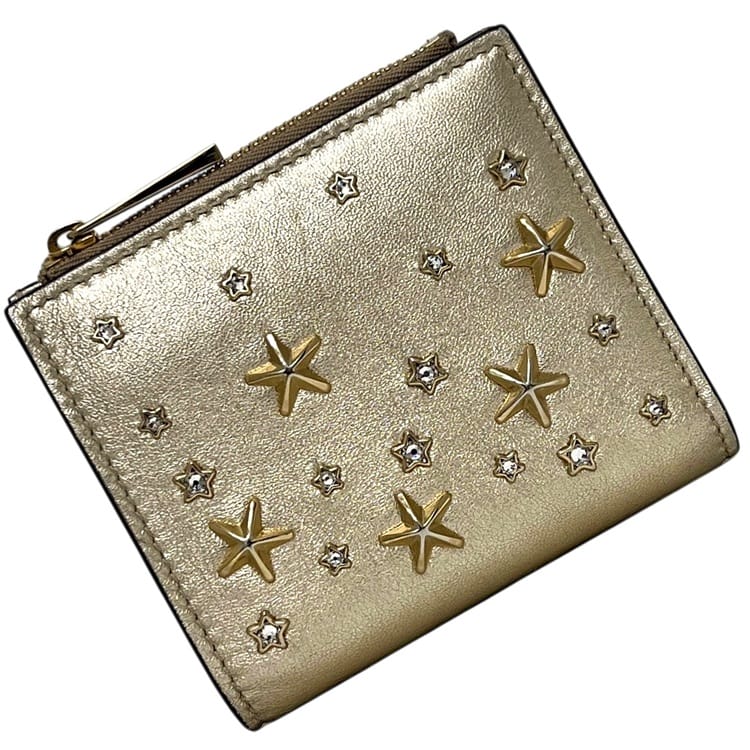 ジミーチュウ 二つ折り 財布 ec-25418 ゴールド 金色 HANNI U AUR OO0955 美品 星 レザー スタッズ 中古 JIMMY CHOO|フリマハイクラス店