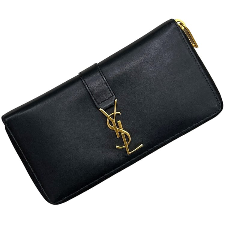 サンローラン ラウンドジッパー 長紙入れ 黒いこと 黒 カサンドラ CFP 414570 1017 美品 紙入れ YSL なめし革 中古 SAINT LAURENT PARIS